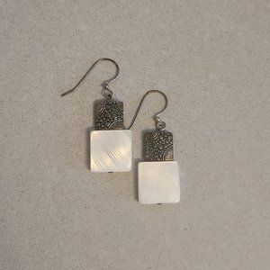 White & Silver Square Dangling Earrings